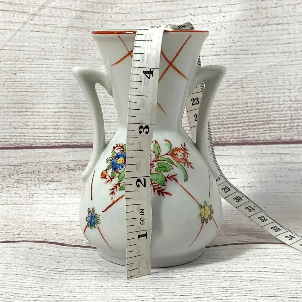 Vintage Japanese Double Handle Ceramic Vase Floral Motif Art Deco 4 5/8